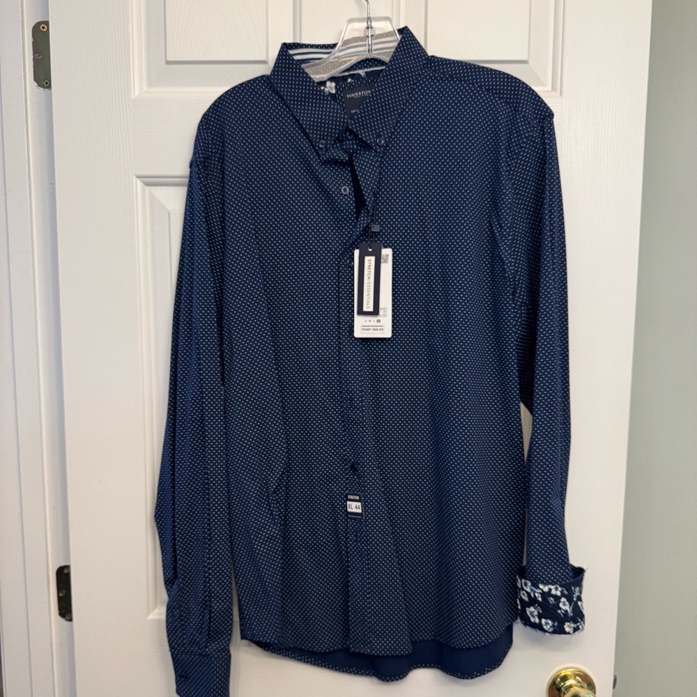 Denim & Flower Men Button Up Shirt Navy Polka Dot Long Sleeve Stretch Size XL/44